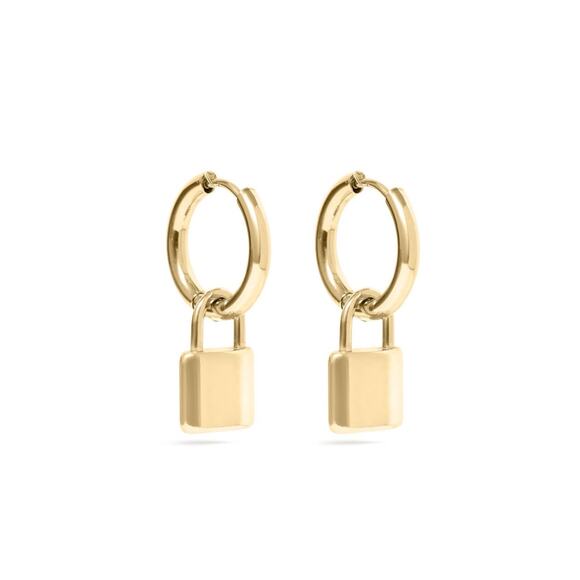 Lock Earrings Gold Plated Stainless Steel Padlock Pendant Hoop gold - Picture 1 of 2